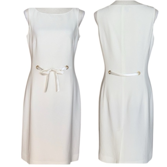 Vintage Casual Corner Ivory White Midi Sheath Dress Front & Back Satin Detail - Picture 1 of 12
